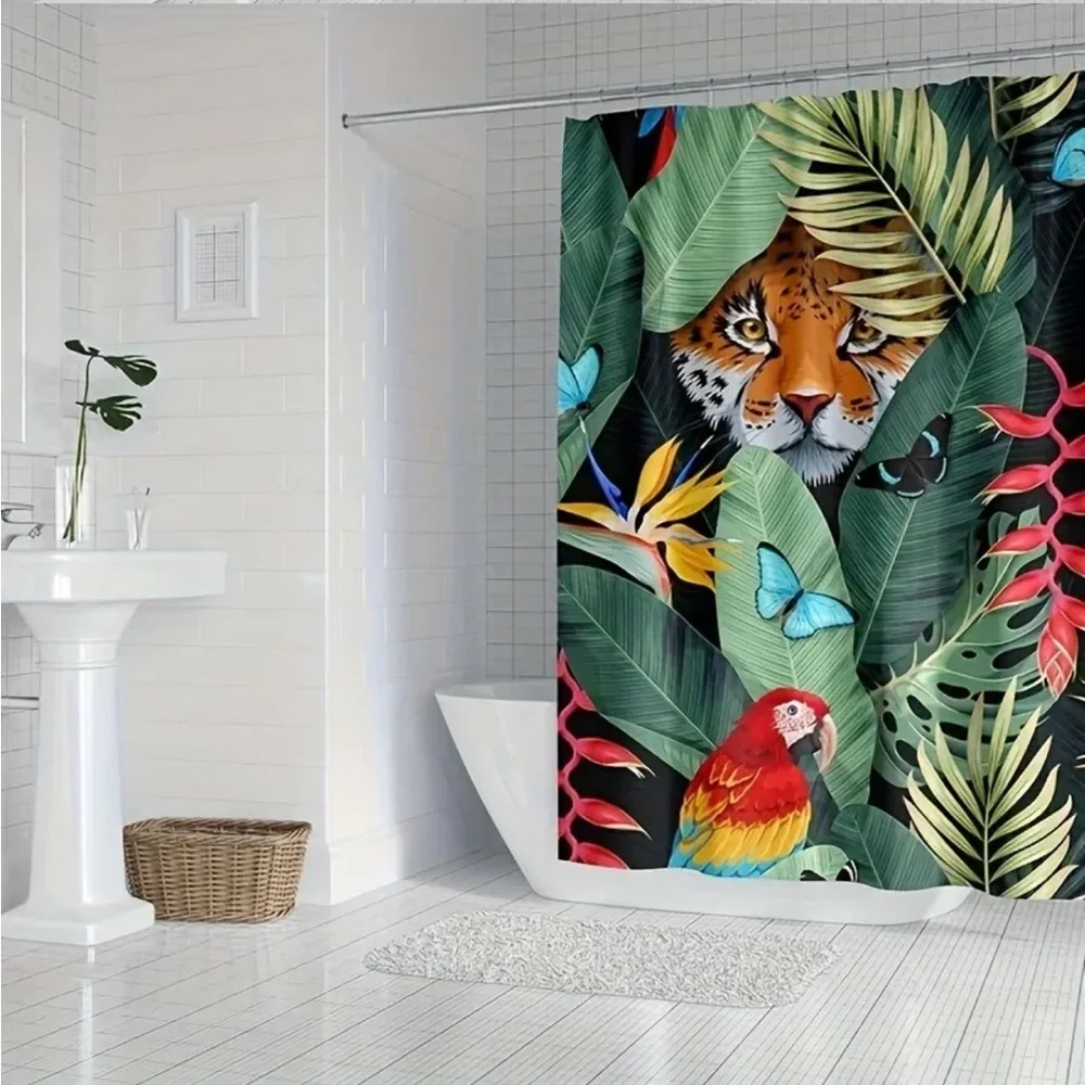 Tropical Jungle Novelty Shower Curtain with Leopard Parrot & Butterflies